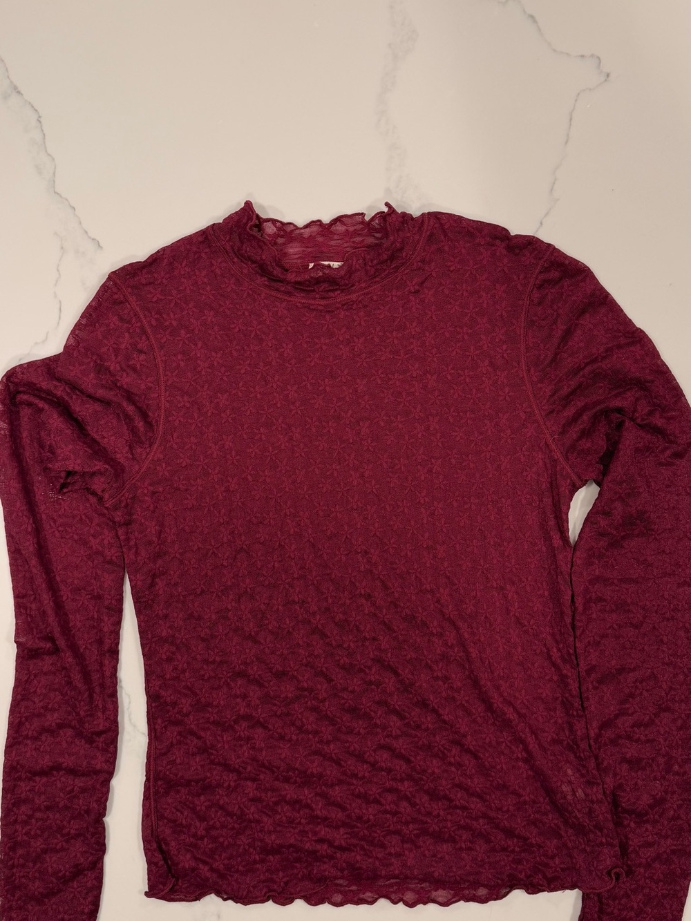 Free People Burgundy Lace Mock Neck Long Sleeve Top
